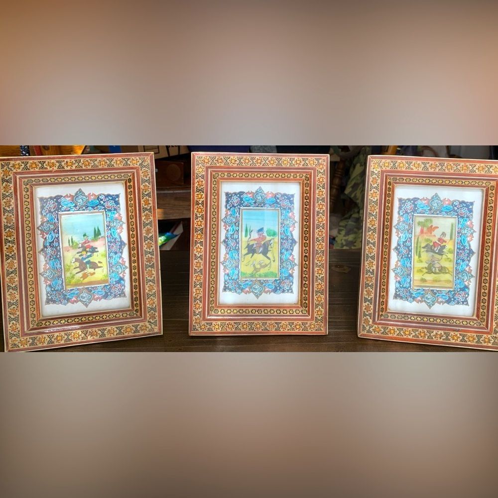 Vintage Persian Khatam Inlaid Picture Frame 5” x 6.5” w/Miniature Art (3 Pieces)